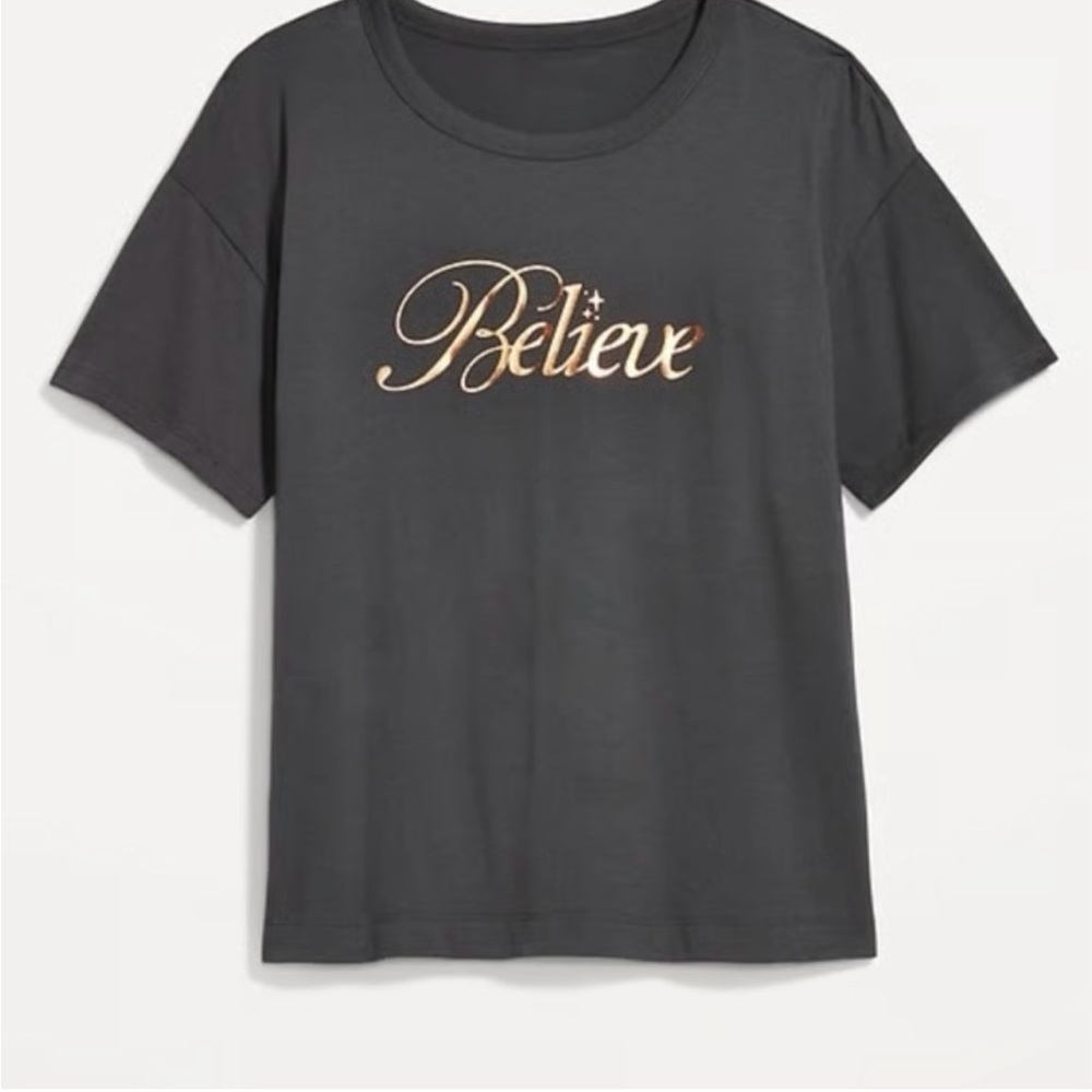 Charcoal Christmas “Believe” Tee with Gold Script XL NWT